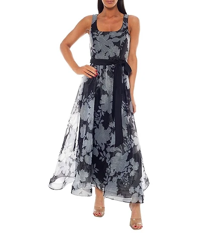 Oleg Cassini Floral Print Organza Sleeveless Dress