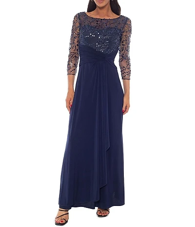 Oleg Cassini Illusion Sleeve Beaded Knot Waist Long Dress