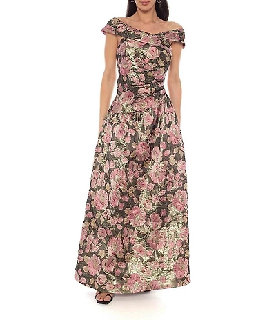Oleg Cassini Off The Shoulder Floral Print Brocade Gown