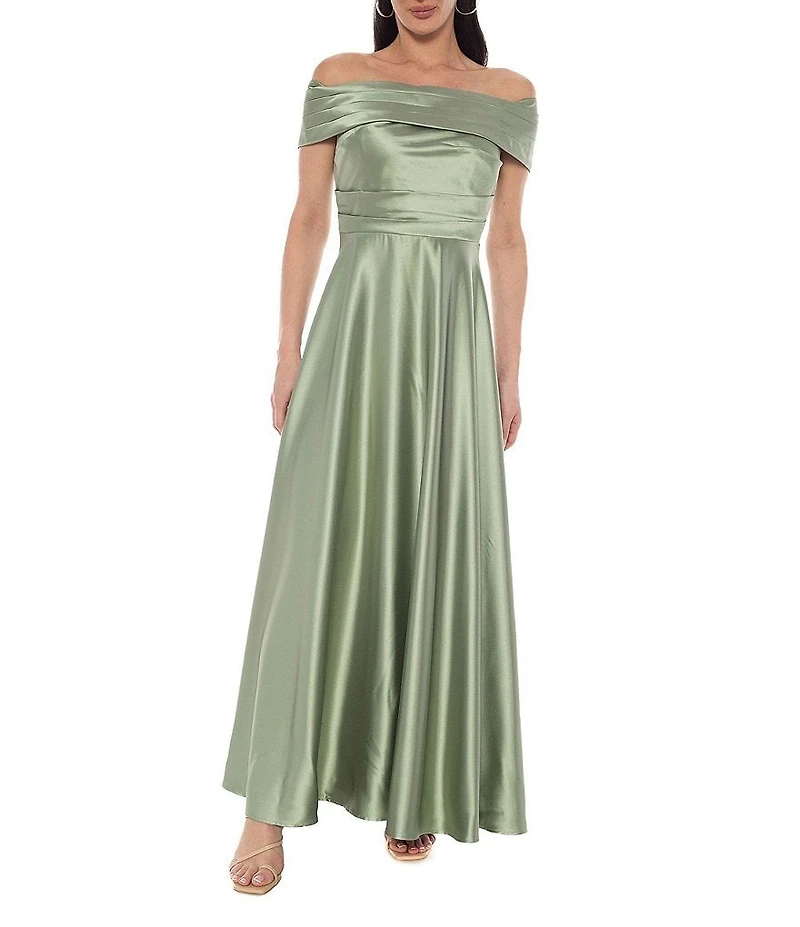 Oleg Cassini Off The Shoulder Pleated Bodice Stretch Satin Gown