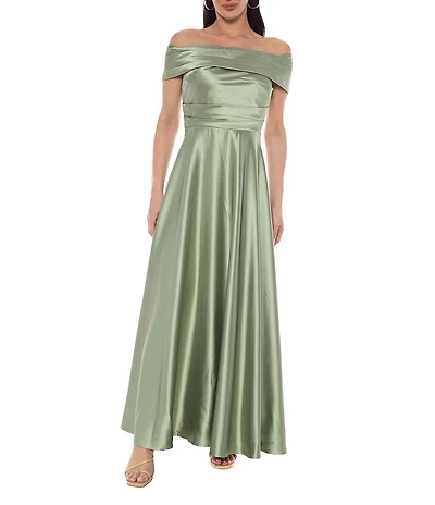 Oleg Cassini Off The Shoulder Pleated Bodice Stretch Satin Gown
