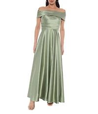 Oleg Cassini Off The Shoulder Pleated Bodice Stretch Satin Gown