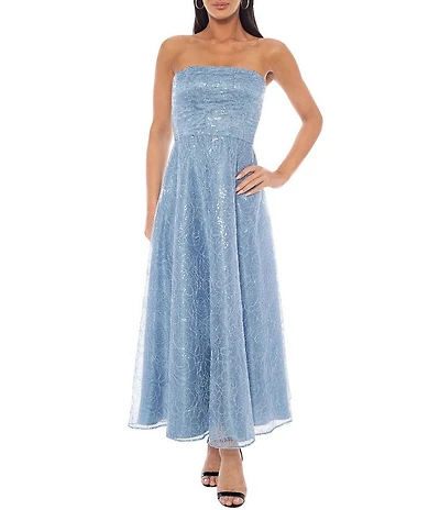 Oleg Cassini Strapless Corded Floral Embroidered Mesh Midi Dress