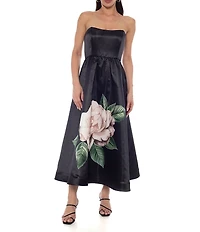 Oleg Cassini Strapless Floral Placement Midi Satin Dress