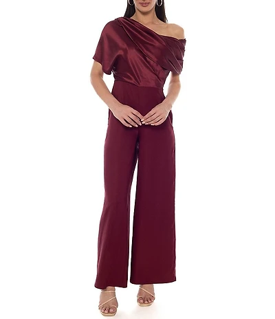 Oleg Cassini Stretch Satin One Shoulder Short Sleeve Jumpsuit