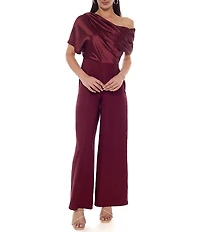 Oleg Cassini Stretch Satin One Shoulder Short Sleeve Jumpsuit