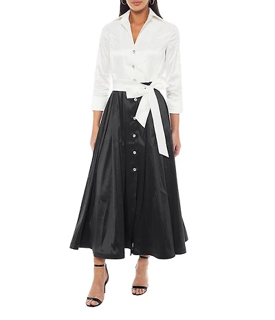 Oleg Cassini Stretch Taffeta Collar Neck 3/4 Sleeve Midi Dress