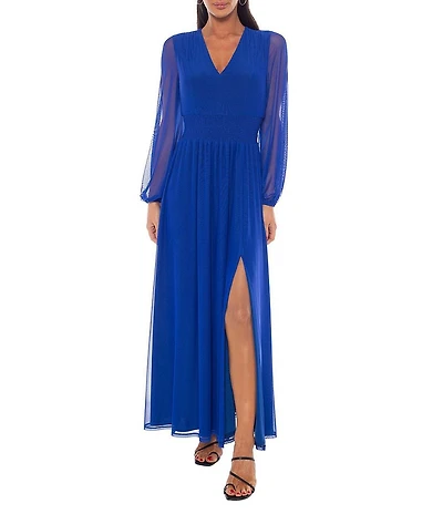 Oleg Cassini V Neck Long Sleeve Power Mesh Long Dress