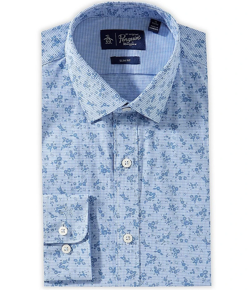 Original Penguin Slim Fit Spread Collar Floral Gingham Dress Shirt