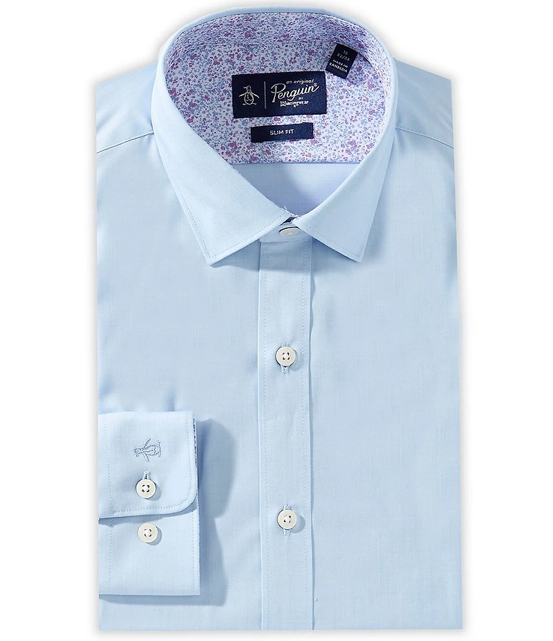 Original Penguin Solid Slim Fit Stretch Spread Collar Melange With Floral Dress Shirt