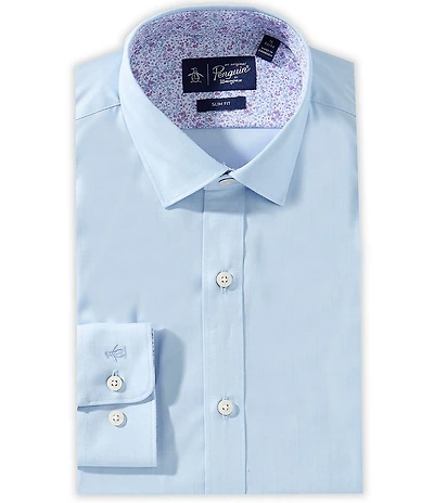 Original Penguin Solid Slim Fit Stretch Spread Collar Melange With Floral Dress Shirt