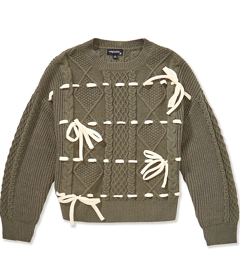 Originality Big Girls Crewneck Drop Shoulder Boxy Ribbon Pullover Sweater