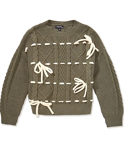 Originality Big Girls Crewneck Drop Shoulder Boxy Ribbon Pullover Sweater