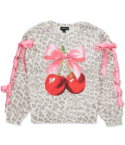 Originality Big Girls Long Sleeve Leopard and Cherries Bow Ribbon Sweatshirt