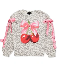 Originality Big Girls Long Sleeve Leopard and Cherries Bow Ribbon Sweatshirt
