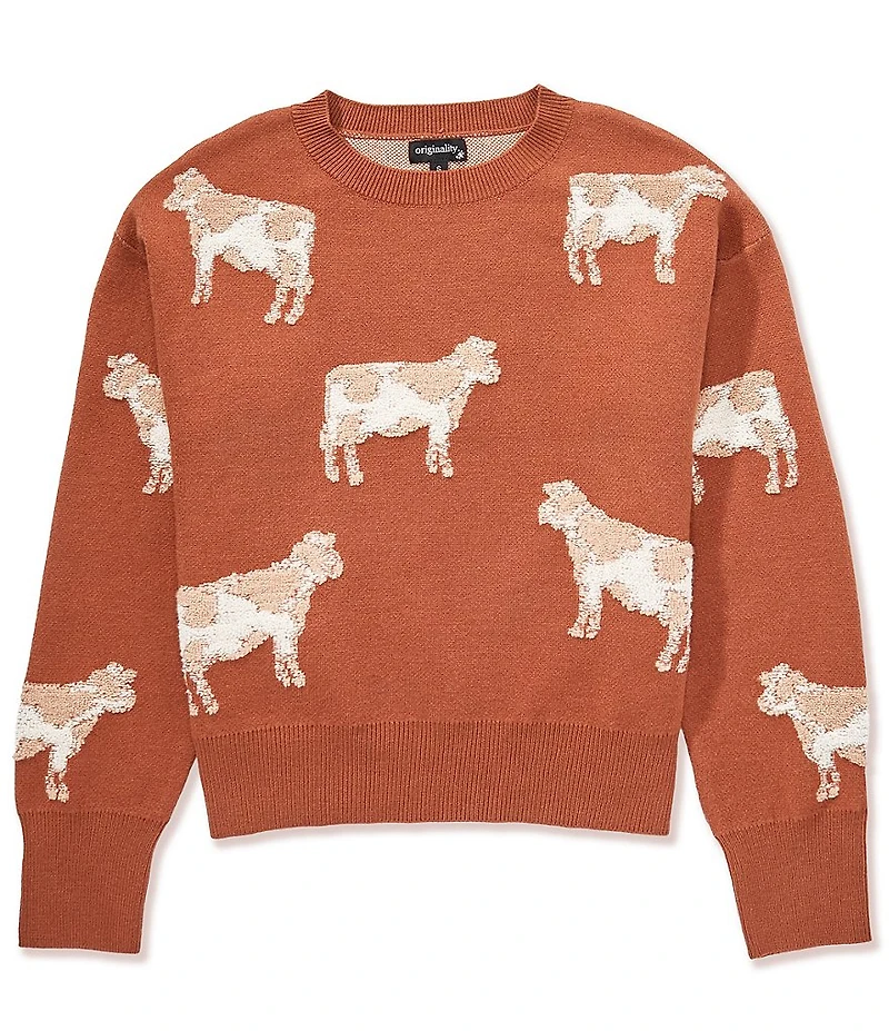 Originality Big Girls Long-Sleeve Cow-Patterned Sweater