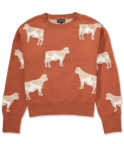 Originality Big Girls Long-Sleeve Cow-Patterned Sweater