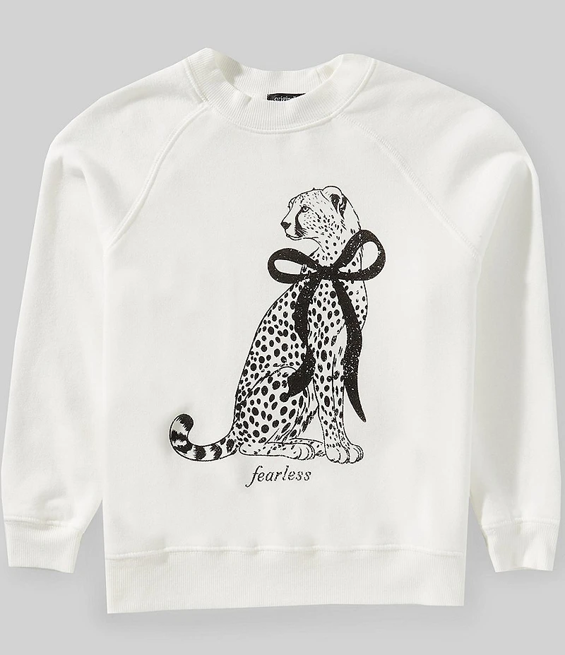 Originality Big Girls Long Sleeve Fearless Cheetah with Bow Crewneck Sweatshirt