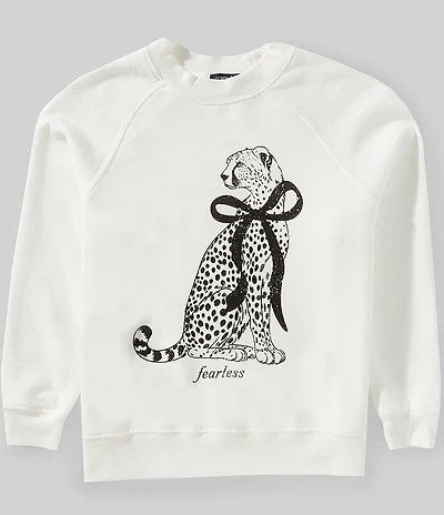 Originality Big Girls Long Sleeve Fearless Cheetah with Bow Crewneck Sweatshirt