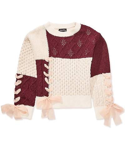 Originality Big Girls Long-Sleeve Lace-Up Color Block Sweater