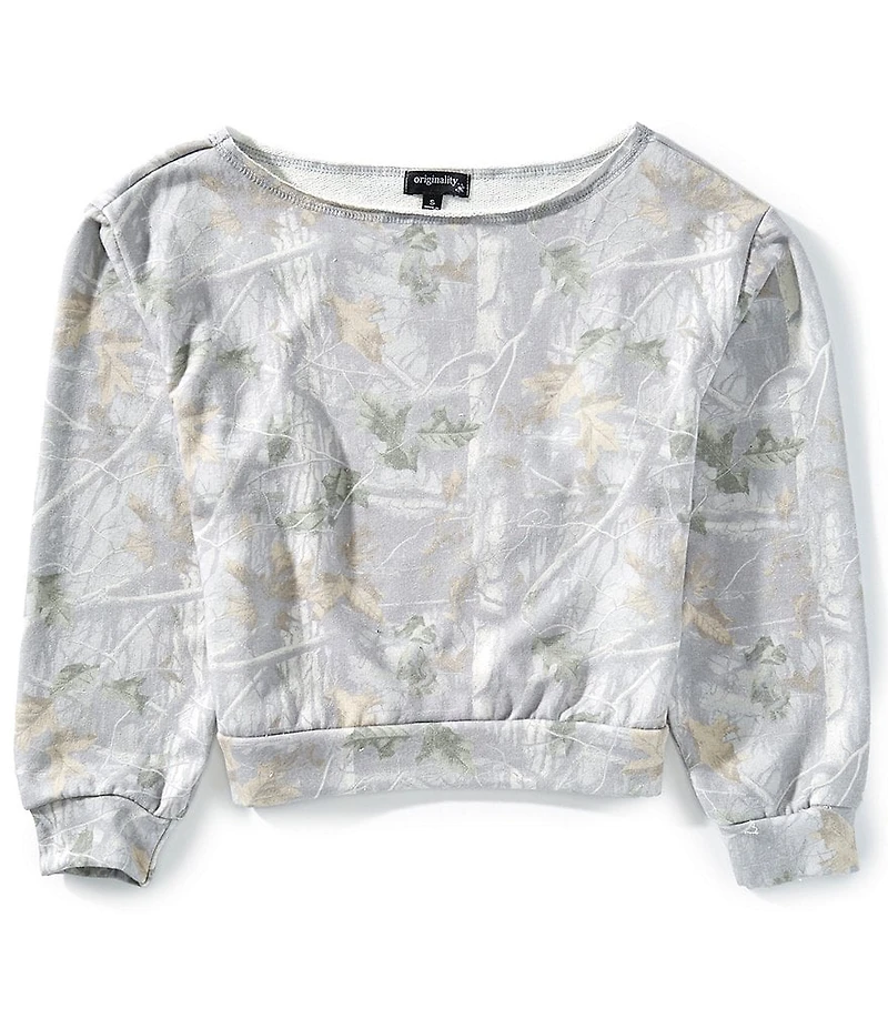 Originality Big Girls Long-Sleeve Off-The-Shoulder Camouflage-Printed Fleece Cropped Sweatshirt