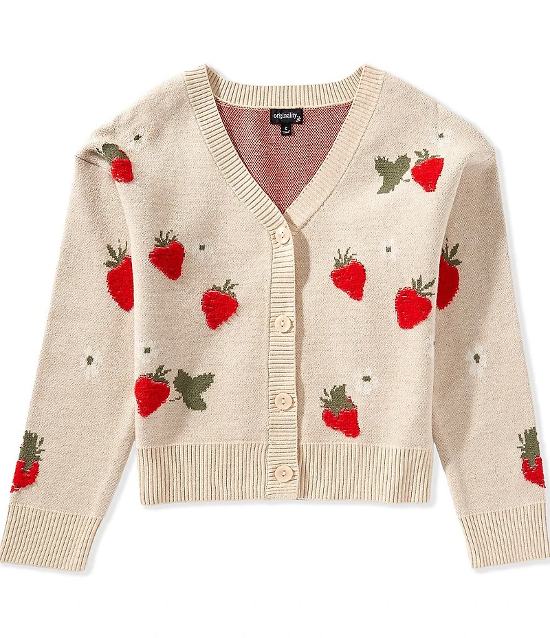 Originality Big Girls Long Sleeve Strawberry Pattern Boxy-Fit Cardigan