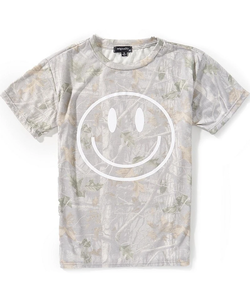 Originality Big Girls Short Sleeve Allover Camo Print Smiley Face