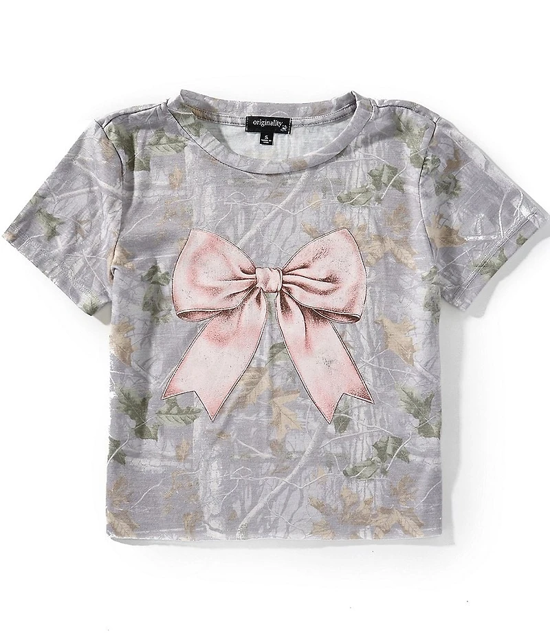 Originality Big Girls Short-Sleeve Camouflage-Printed Bow-Graphic Cropped T-Shirt