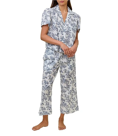 Papinelle Short Sleeve Notch Collar Woven Floral Print Cropped Pajama Set
