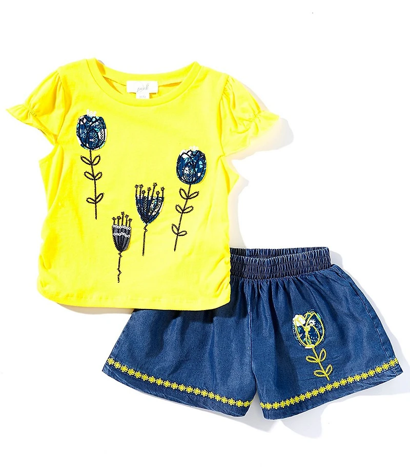 Peek Little/Big Girls Tulip Applique & Embroidered Shorts Set