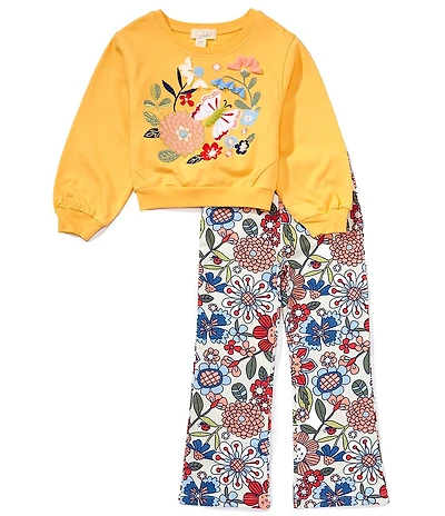 Peek Little/Big Girls Long-Sleeve Butterfly Garden Top & Floral-Printed Flare-Leg Leggings Set