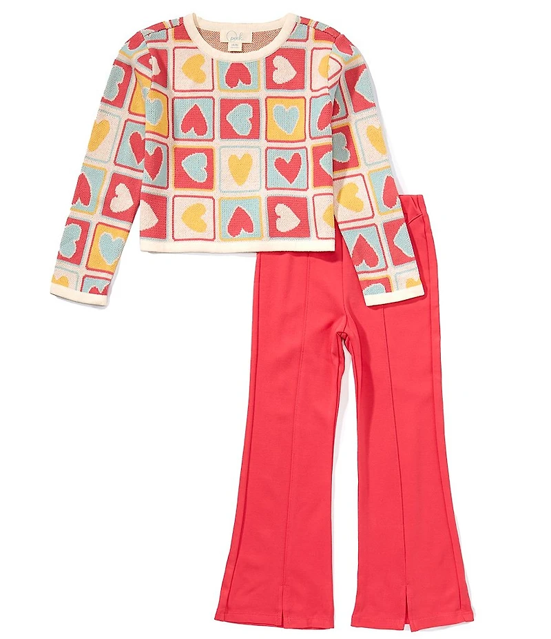 Peek Little/Big Girls Long-Sleeve Patchwork-Printed Sweater & Solid Flare-Leg Pant Set
