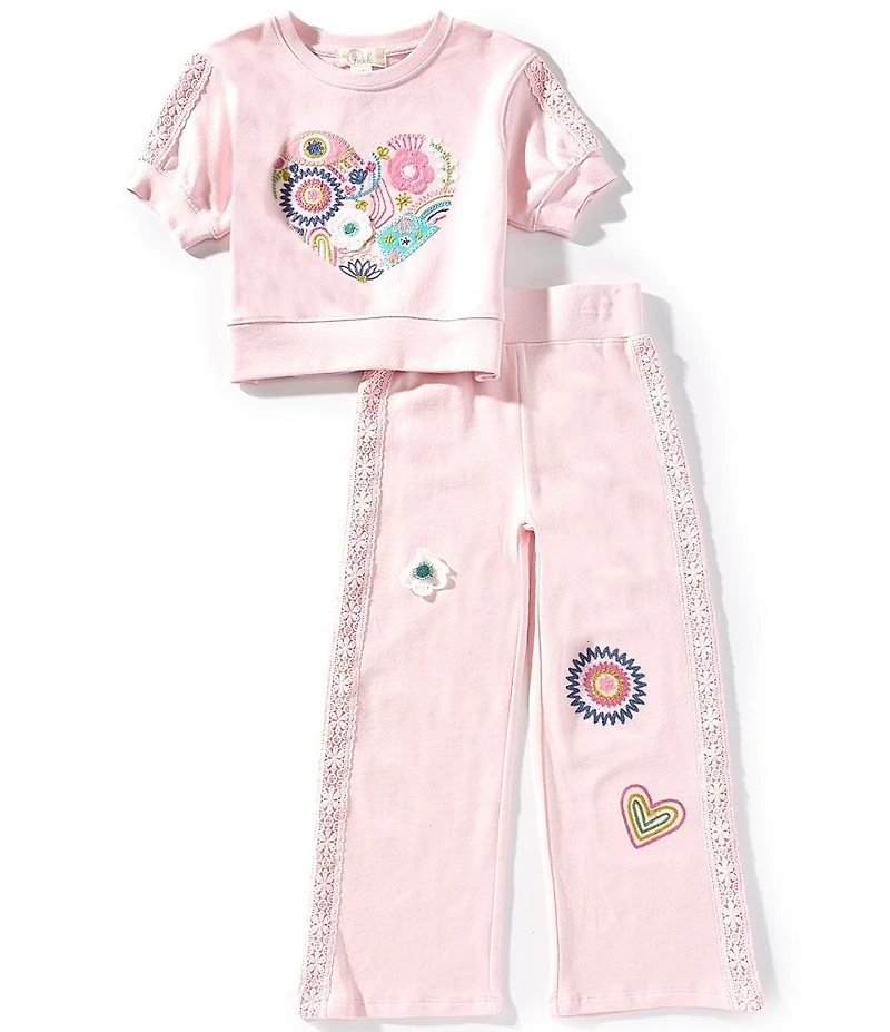 Peek Little/Big Girls Short Sleeve Crocheted/Embroidered Heart-Motif Sweatshirt & Matching Sweatpants Set