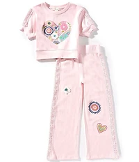 Peek Little/Big Girls Short Sleeve Crocheted/Embroidered Heart-Motif Sweatshirt & Matching Sweatpants Set