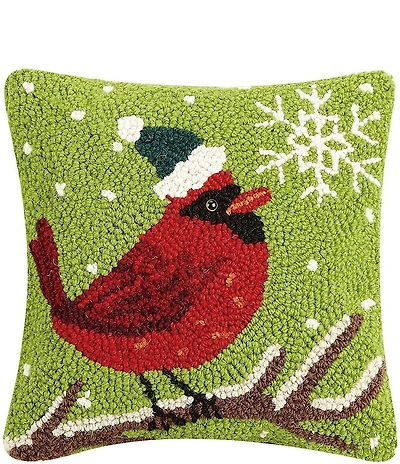 Peking Handicraft Cardinal with Snowflake Wool Hook Square Pillow