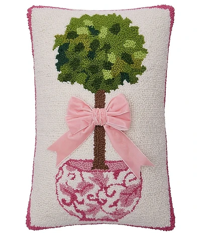 Peking Handicraft Chinoiserie Topiary Printed Ribbon Hooked Wool Pillow