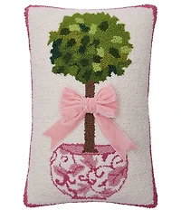 Peking Handicraft Chinoiserie Topiary Printed Ribbon Hooked Wool Pillow