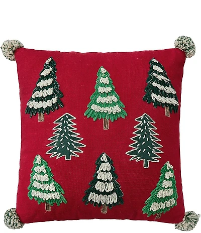 Peking Handicraft Christmas Trees with Poms Embroidered Pillow