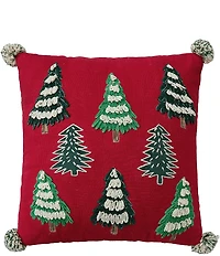 Peking Handicraft Christmas Trees with Poms Embroidered Pillow
