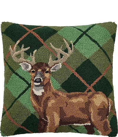 Peking Handicraft Deer Plaid Wool Hook Square Throw Pillow