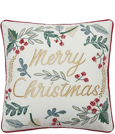 Peking Handicraft Festive Greenery Merry Christmas Embroidered Square Pillow