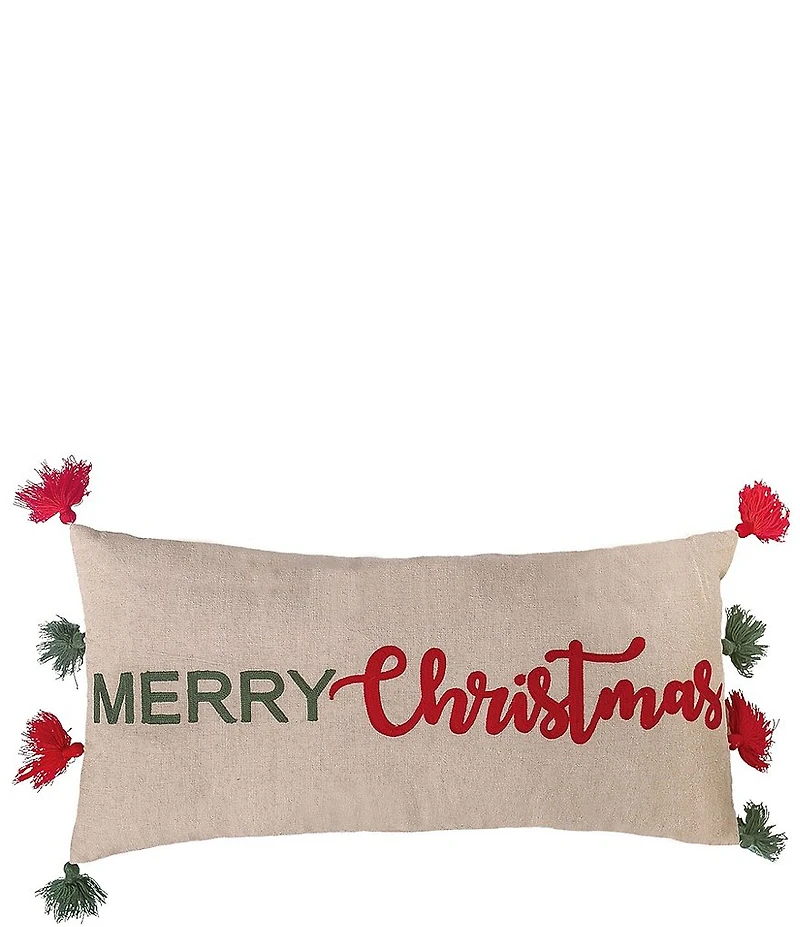 Peking Handicraft Holiday Collection Merry Christmas Tassels Embroidered Oblong Pillow