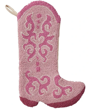 Peking Handicraft Pink Cowboy Boot Hooked Wool Holiday Stocking