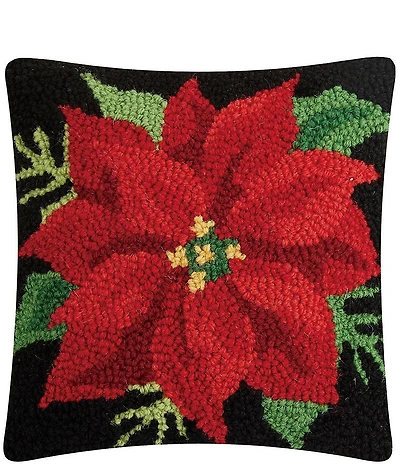 Peking Handicraft Poinsettia Wool Hook Square Pillow