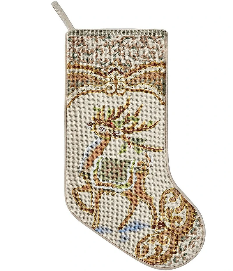 Peking Handicraft Reindeer Embroidered Needlepoint Holiday Stocking