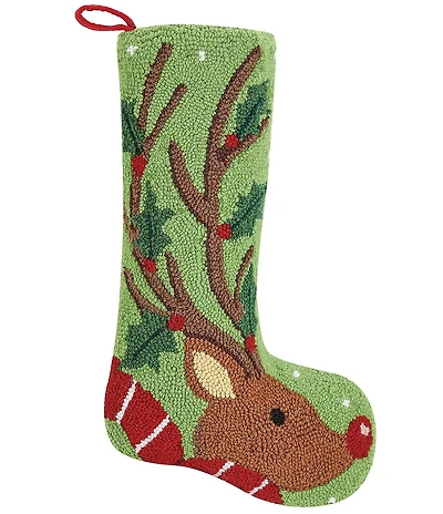 Peking Handicraft Reindeer with Holly Wool Hook Holiday Stocking