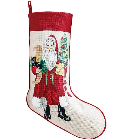 Peking Handicraft Santa & Puppy Needlepoint Embroidered Holiday Stocking