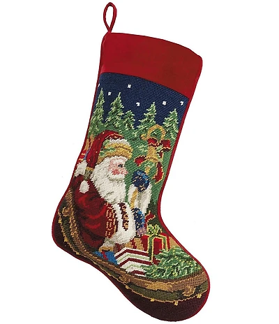 Peking Handicraft Santa Sleigh Needlepoint Holiday Stocking