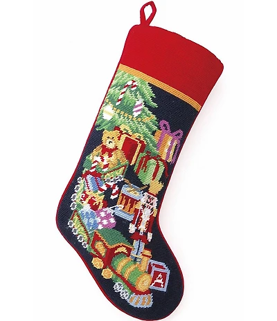 Peking Handicraft Toy Train Embroidered Needlepoint Holiday Stocking