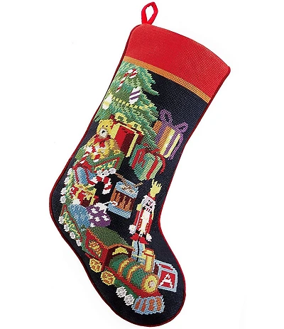 Peking Handicraft Toy Train Needlepoint Embroidered Holiday Stocking